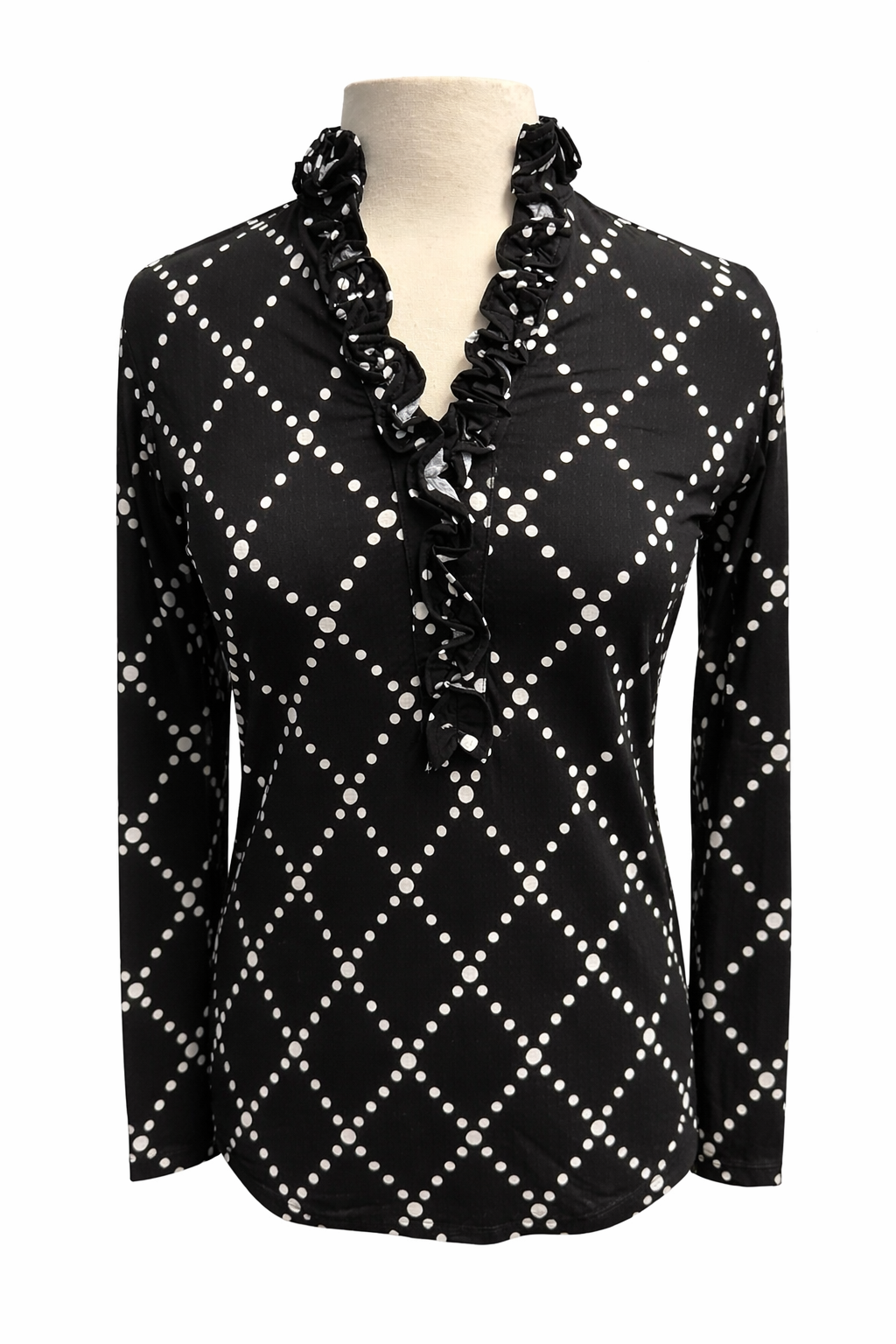 G-Lifestyle Long Sleeve Print Ruffle Top - Black Diamond Geo - Skorzie