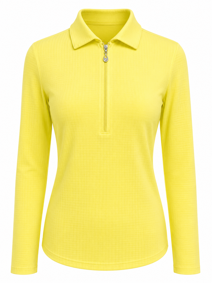 SanSoleil SolCool Print Long Sleeve Zip Polo - Lemon Zest - Small