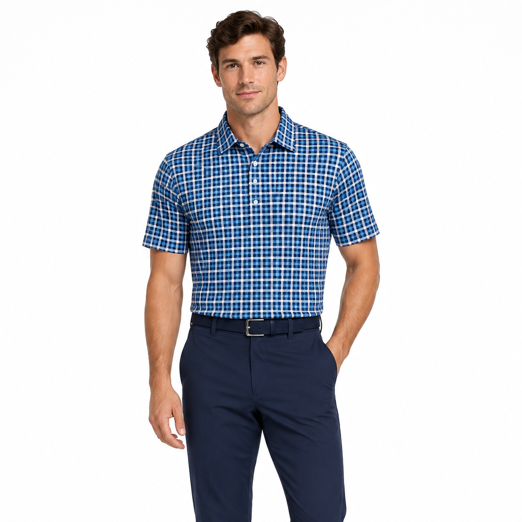 Collars & Co. Men's Polo Performance Fabric Semi-Spread Collar Blue/Light Grey Plaid Size L
