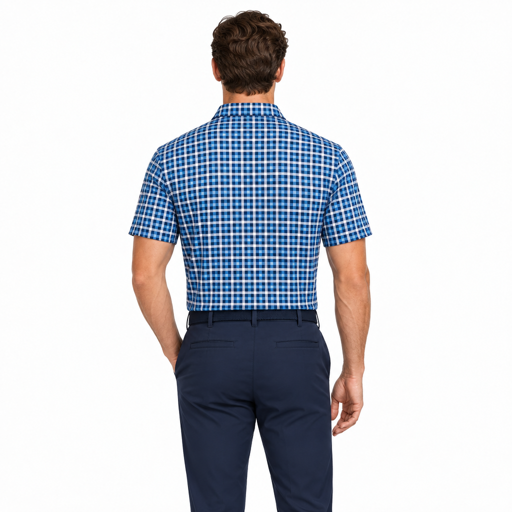 Collars & Co. Men's Polo Performance Fabric Semi-Spread Collar Blue/Light Grey Plaid Size L