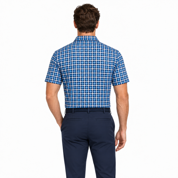Collars & Co. Men's Polo Performance Fabric Semi-Spread Collar Blue/Light Grey Plaid Size L