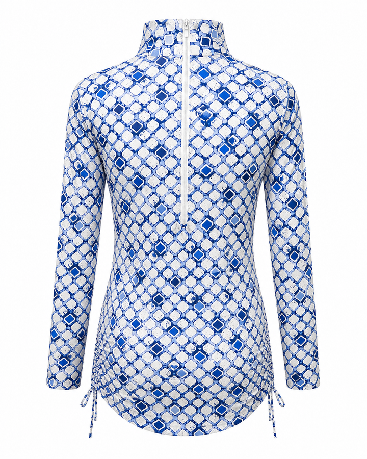 IBKUL Long Sleeve Blue Matrix Drawstring Dress - Small - Skorzie