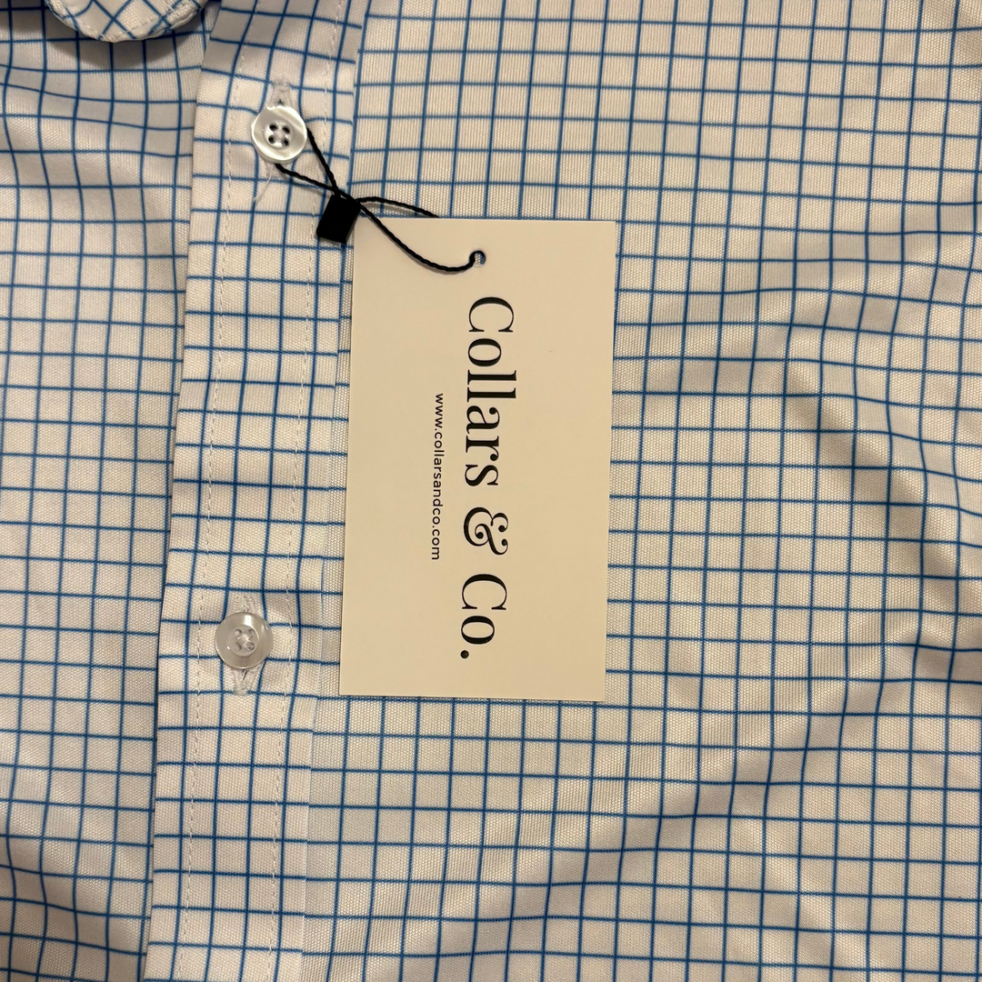 Collars & Co. Men's L/S Polo Performance Fabric Semi-Spread Blue Thin Check Size L