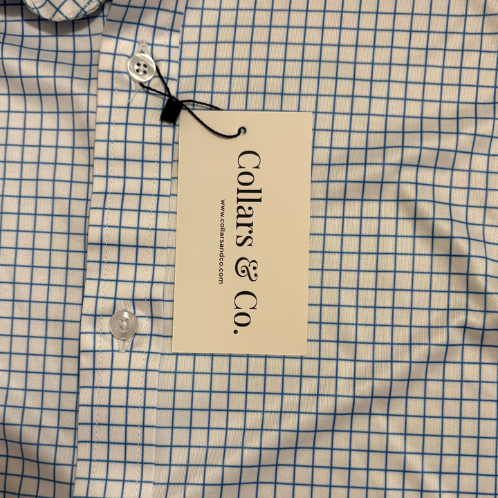 Collars & Co. Men's L/S Polo Performance Fabric Semi-Spread Blue Thin Check Size L