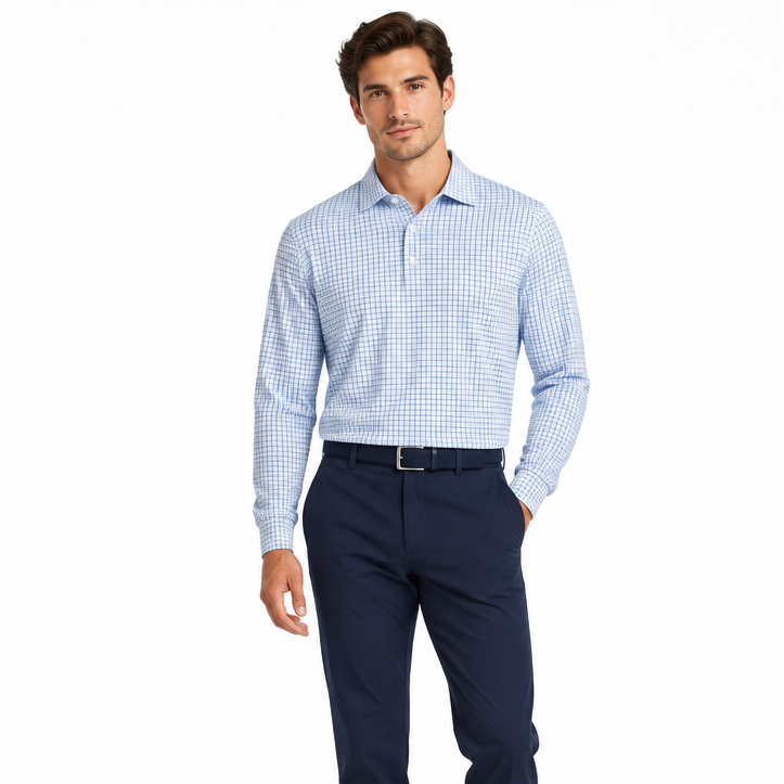 Collars & Co. Men's L/S Polo Performance Fabric Semi-Spread Blue Thin Check Size L