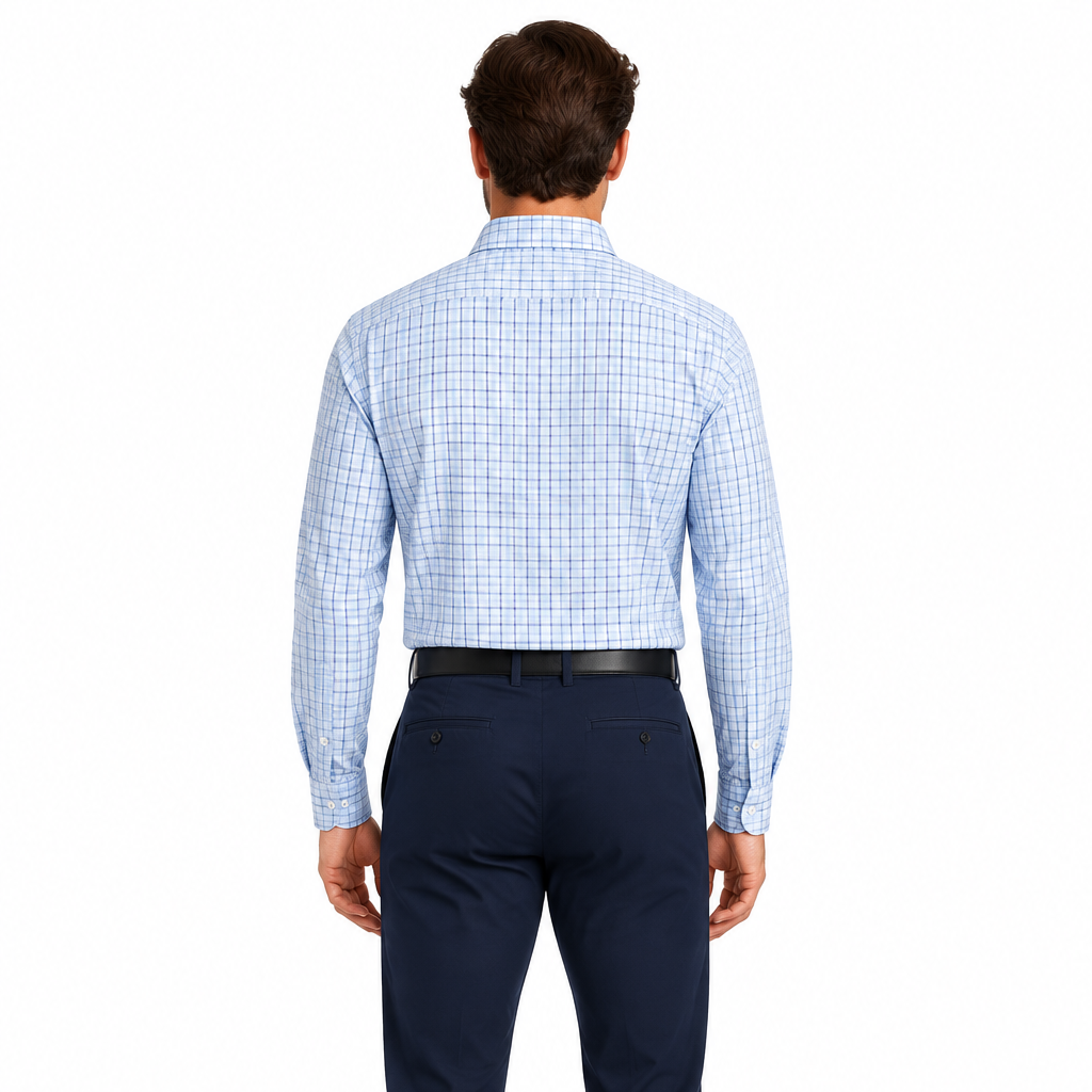 Collars & Co. Men's L/S Polo Performance Fabric Semi-Spread Blue Thin Check Size L