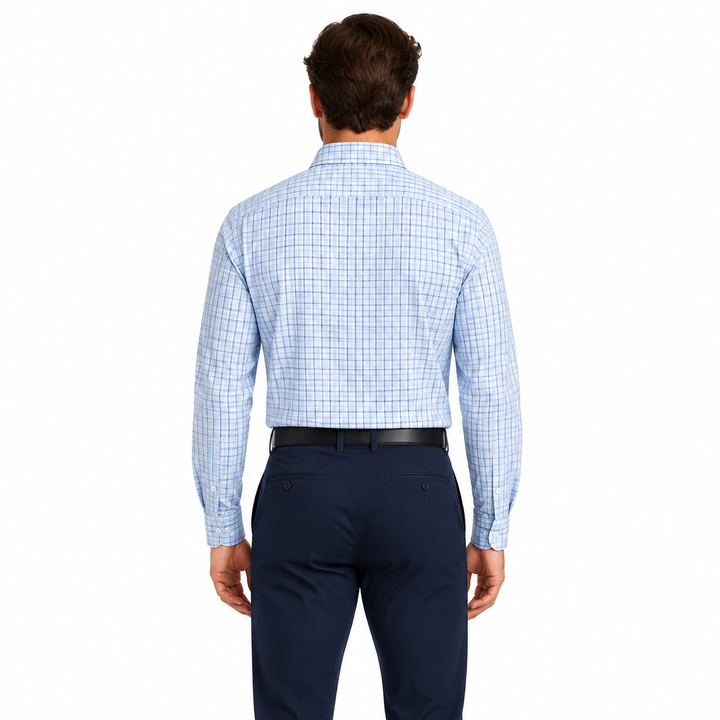 Collars & Co. Men's L/S Polo Performance Fabric Semi-Spread Blue Thin Check Size L