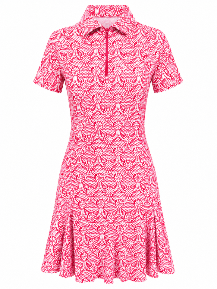 IBKUL Short Sleeve Godet Dress - Watermelon/White