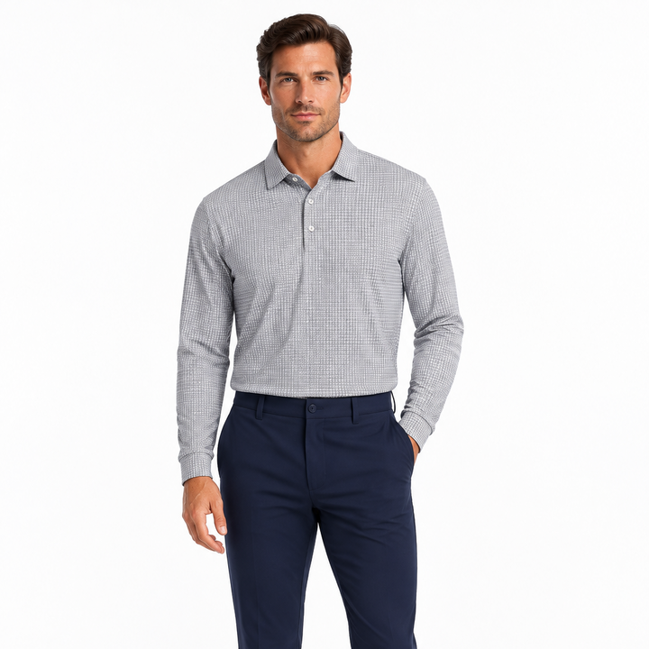 Collars & Co. Men's L/S Polo Performance Fabric Semi-Spread Lavender Houndstooth Size L