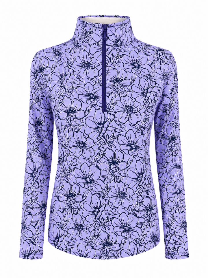 IBKUL Womens Diana Long Sleeve Zip Polo - Purple Flower