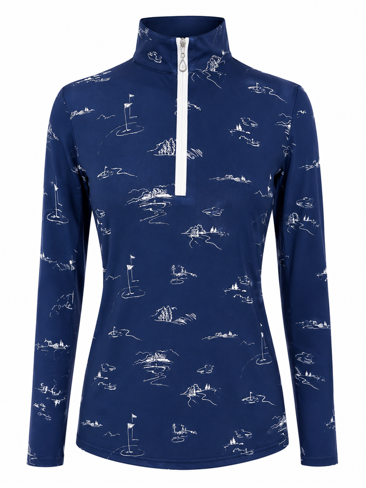 SanSoleil SolCool Print Long Sleeve Mock - Back 9 Navy - Small