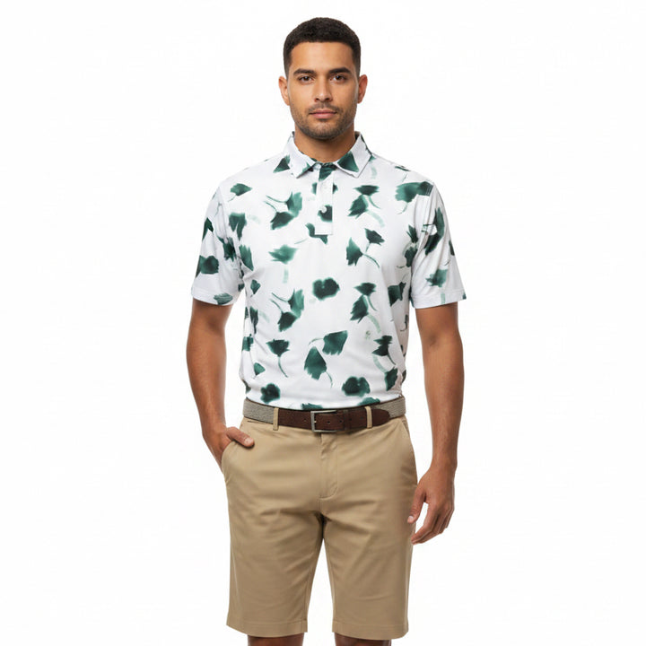 G/FORE Men's Polo Ghost Floral Tech Jersey Pine/Snow Size M