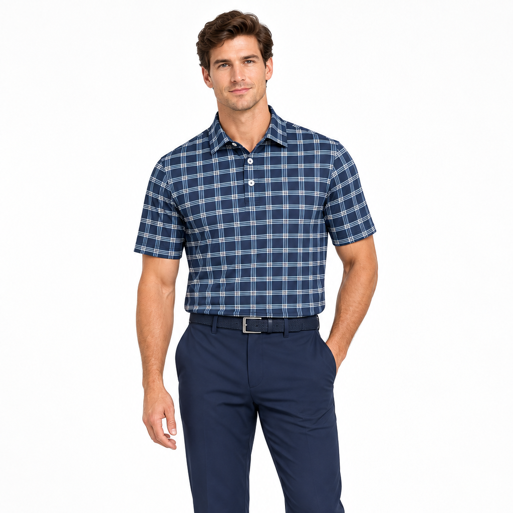 Collars & Co. Men's Polo Performance Fabric Semi-Spread Collar Blue Patterned Size M