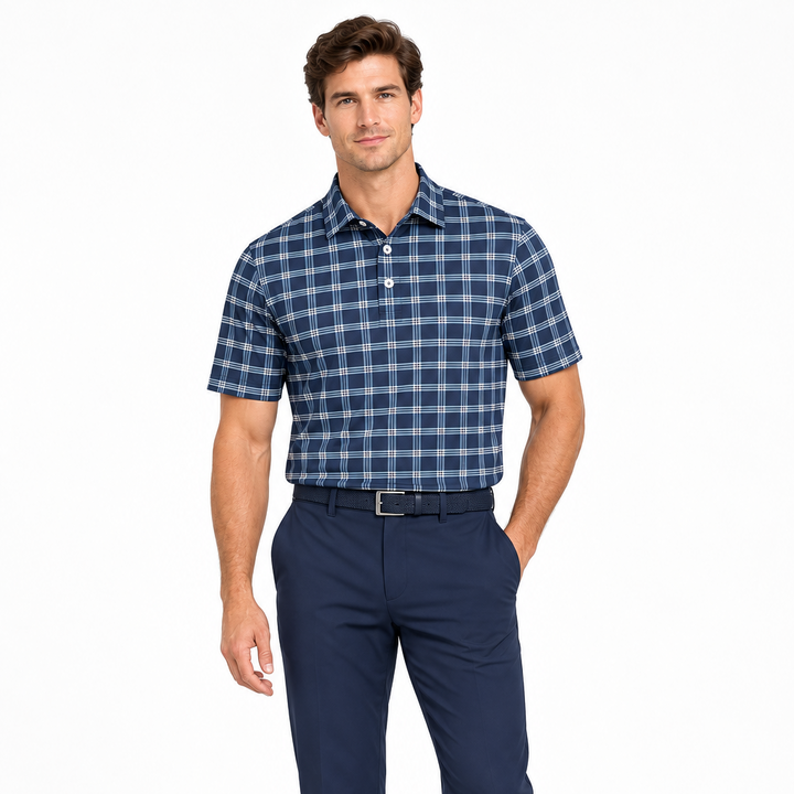 Collars & Co. Men's Polo Performance Fabric Semi-Spread Collar Blue Patterned Size M