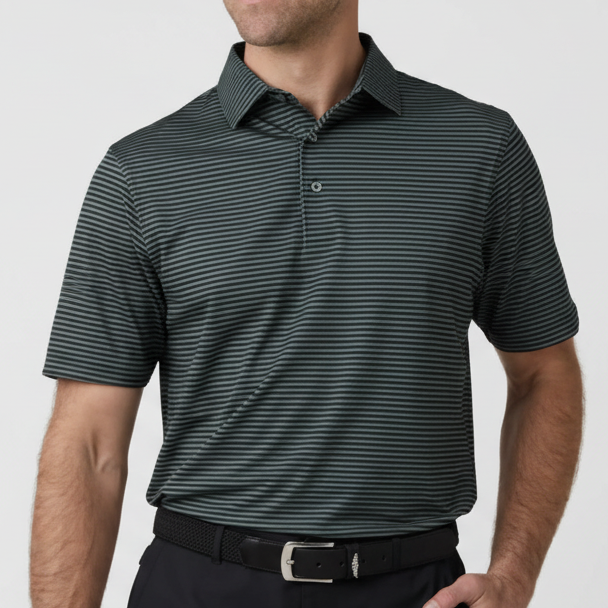 Straight Down Men's Golf Polo Del Mar Stripe Dark Forest Size L