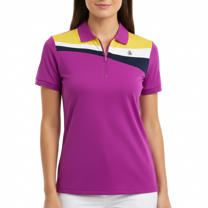 Original Penguin Women's Golf Polo Color Block Purple Cactus Flower Size S