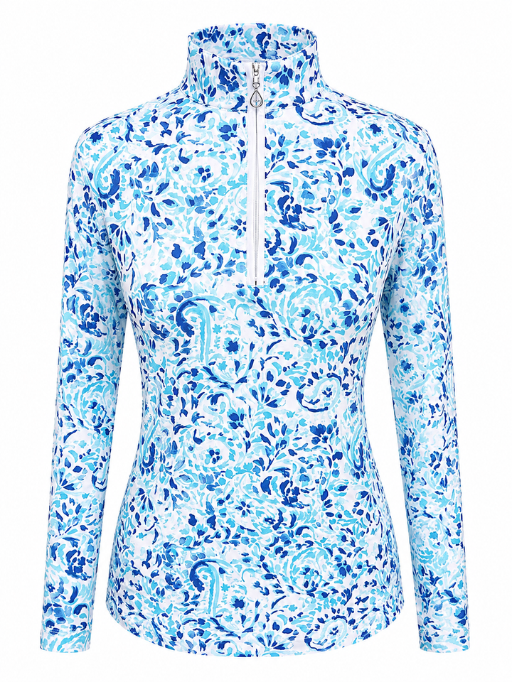 SanSoleil SolCool Print Mock Zip Top -  Ocean Paisley