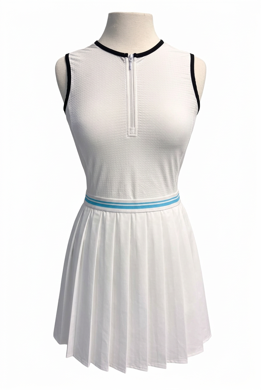 G-Lifestyle Sleeveless Quarter Zip Athletic Dress - White/Aqua/Black - Skorzie