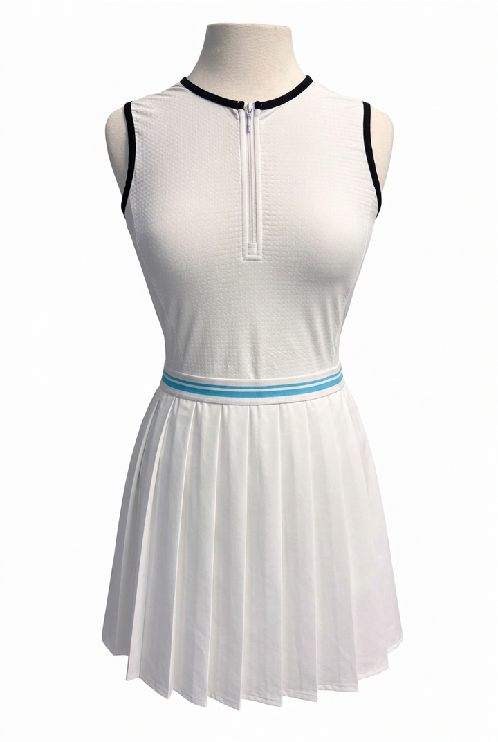 G-Lifestyle Sleeveless Quarter Zip Athletic Dress - White/Aqua/Black - Skorzie