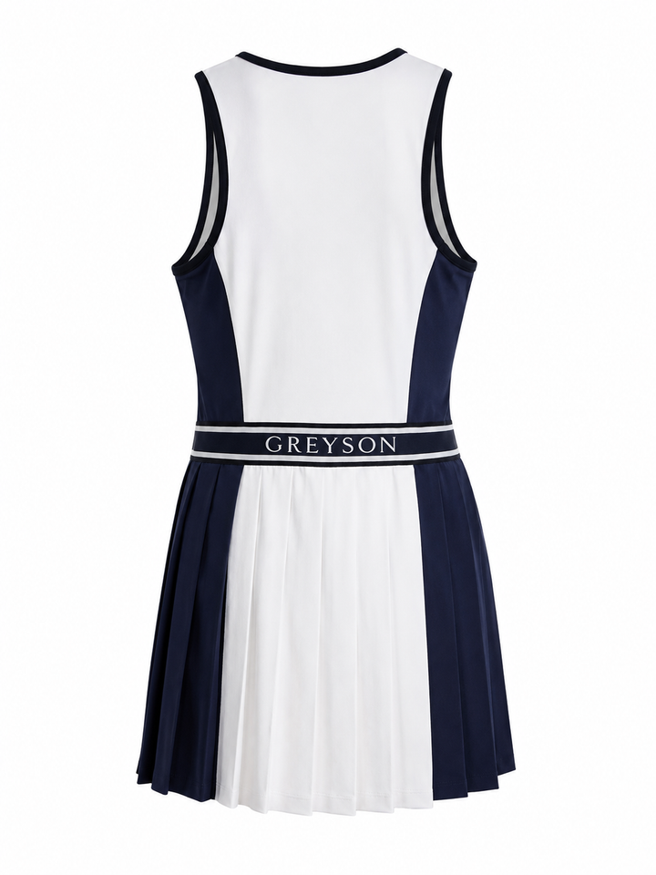 Greyson Leo Pleated Color Block Dress - White/Navy - Small - Skorzie