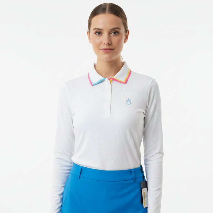 G/FORE Contrast Johnny Collar Tech Nylon Rib L/S Polo (w/ logo) - White - X-Small - Skorzie