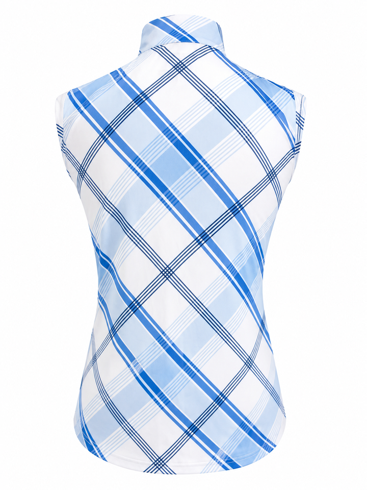 SanSoleil Womens Sleeveless Zip Top - Blue Plaid - Medium