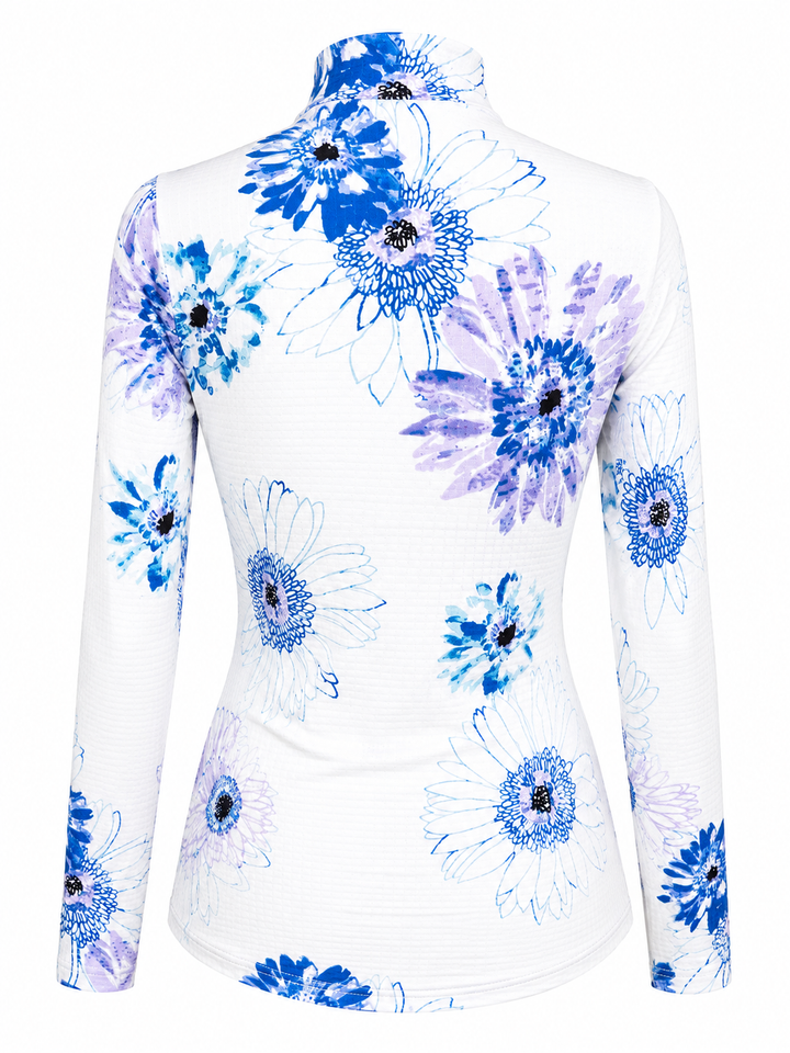 SanSoleil SolCool Print Long Sleeve Mock - Blue/Lavender Flowers - XS