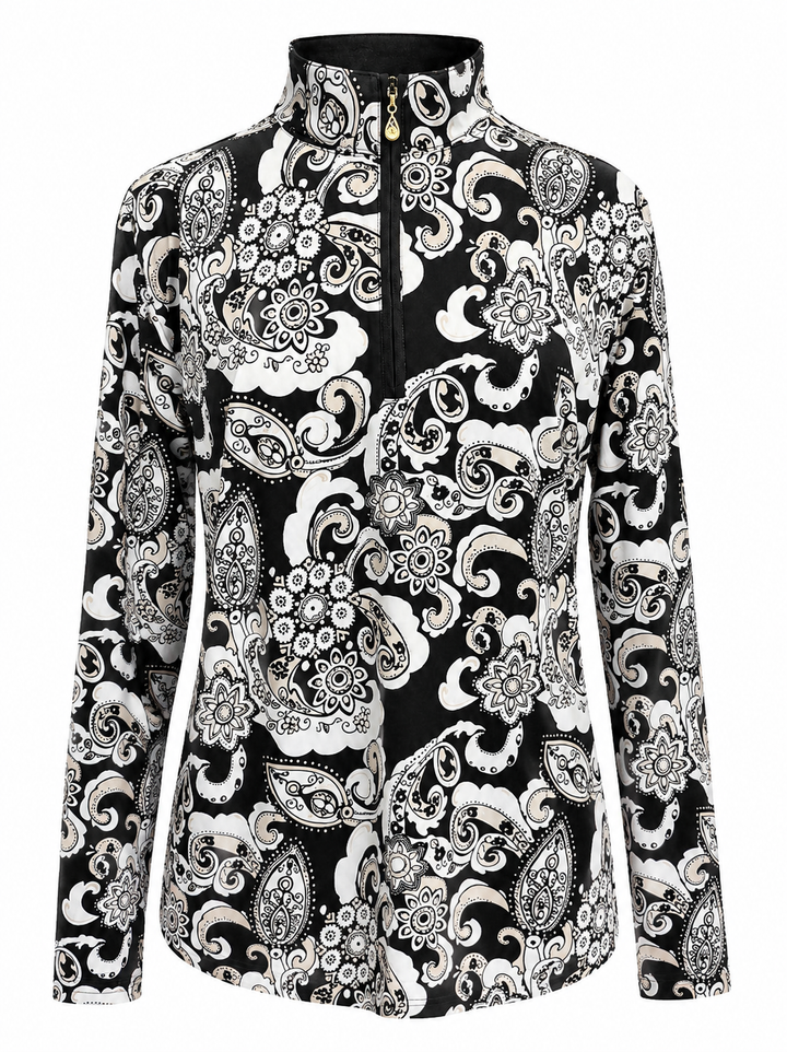 SanSoleil SolCool Print Mock Zip Top -  Paisley Black