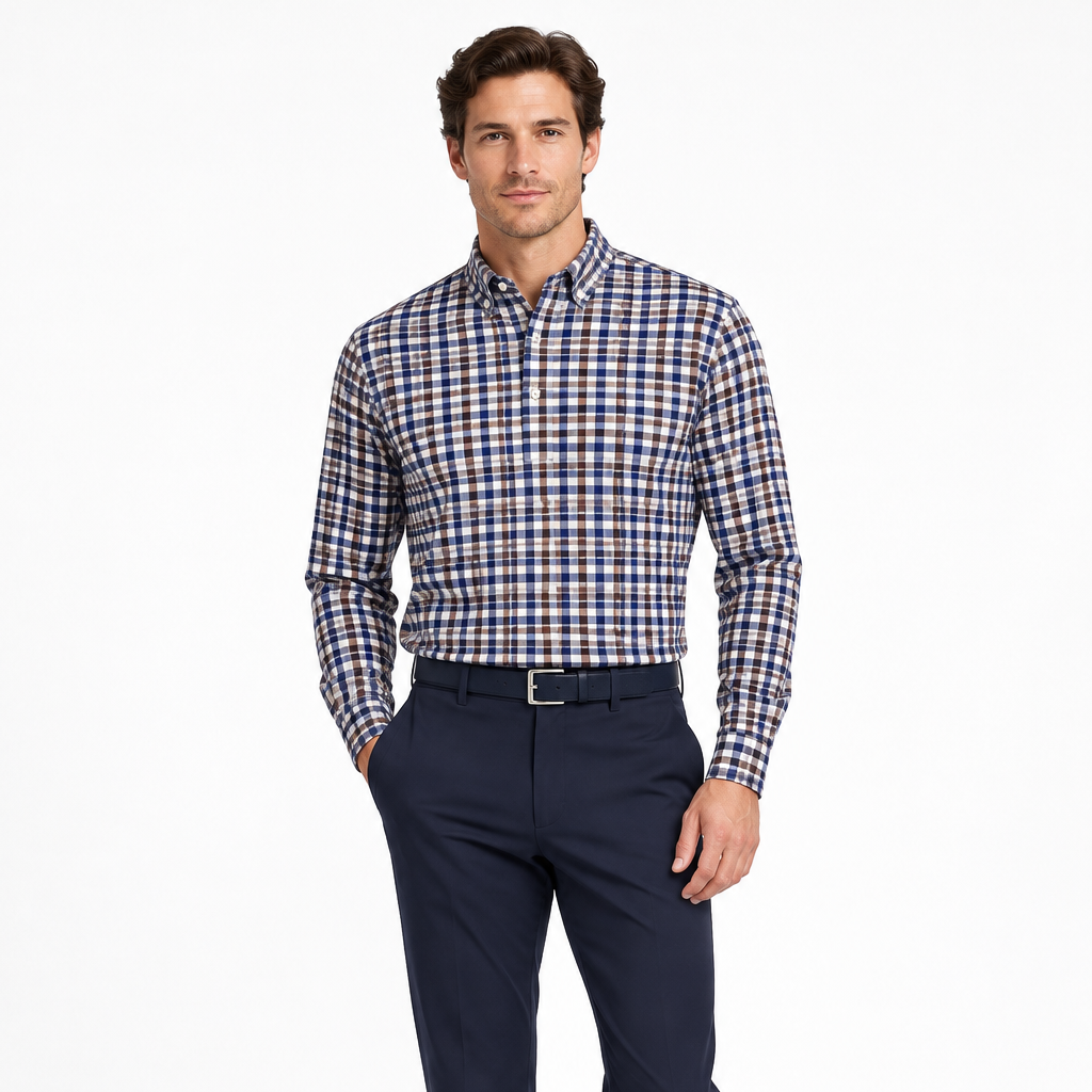 Collars & Co. Men's L/S Polo Apex Performance Fabric Semi-Spread Royal Brown Tattersall Size L