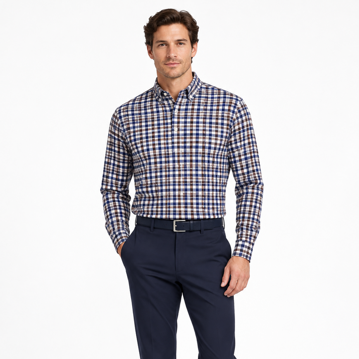 Collars & Co. Men's L/S Polo Apex Performance Fabric Semi-Spread Royal Brown Tattersall Size L