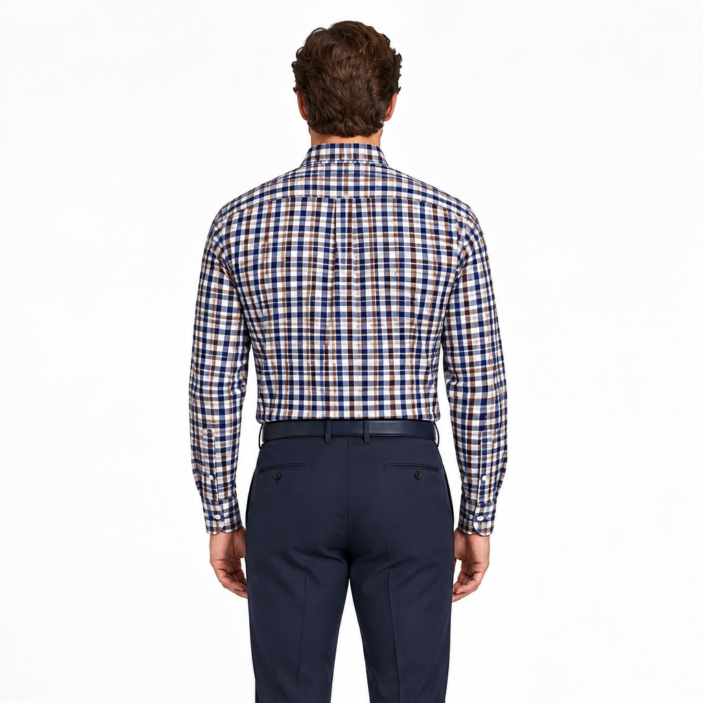 Collars & Co. Men's L/S Polo Apex Performance Fabric Semi-Spread Royal Brown Tattersall Size L