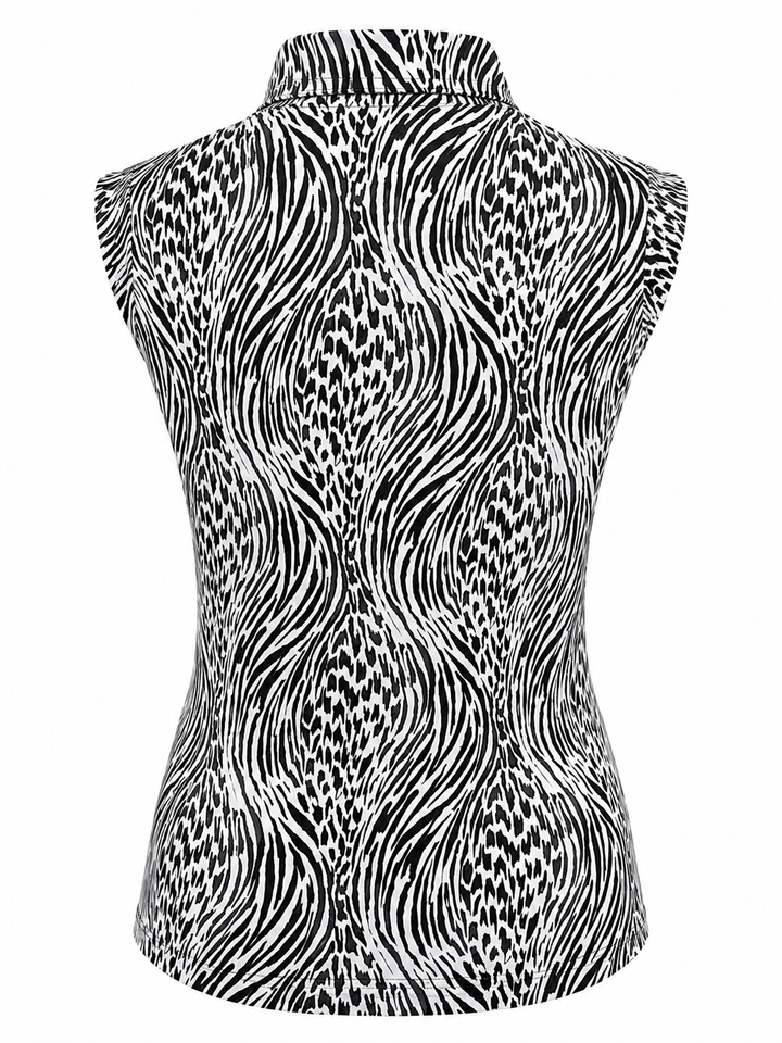 IBKUL Womens Alena Sleeveless Zip Polo - Black/White Safari