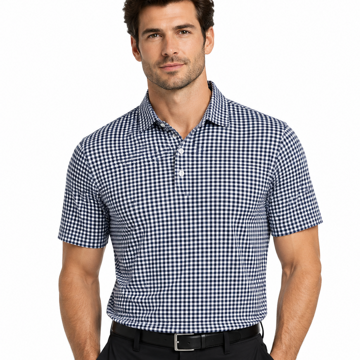 Collars & Co. Men's Polo Featherweight Flex Fabric Navy Micro Gingham Size 3XL
