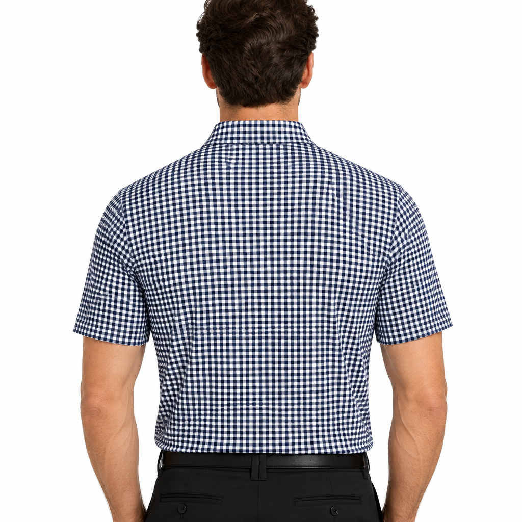 Collars & Co. Men's Polo Featherweight Flex Fabric Navy Micro Gingham Size 3XL
