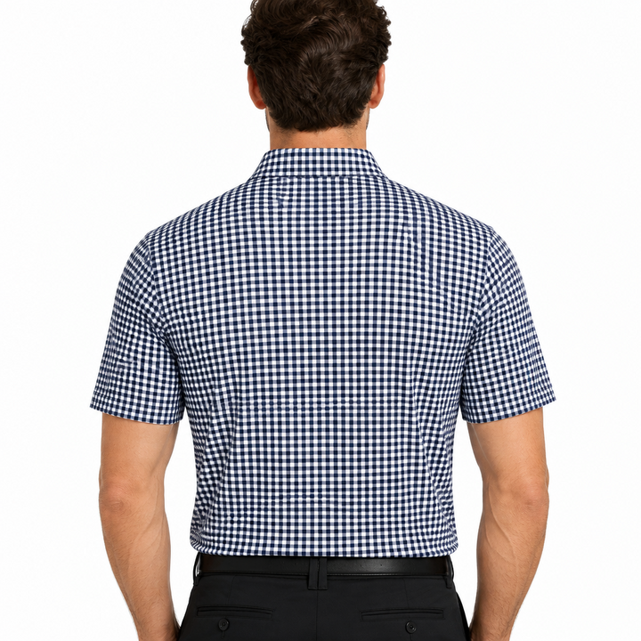 Collars & Co. Men's Polo Featherweight Flex Fabric Navy Micro Gingham Size 3XL