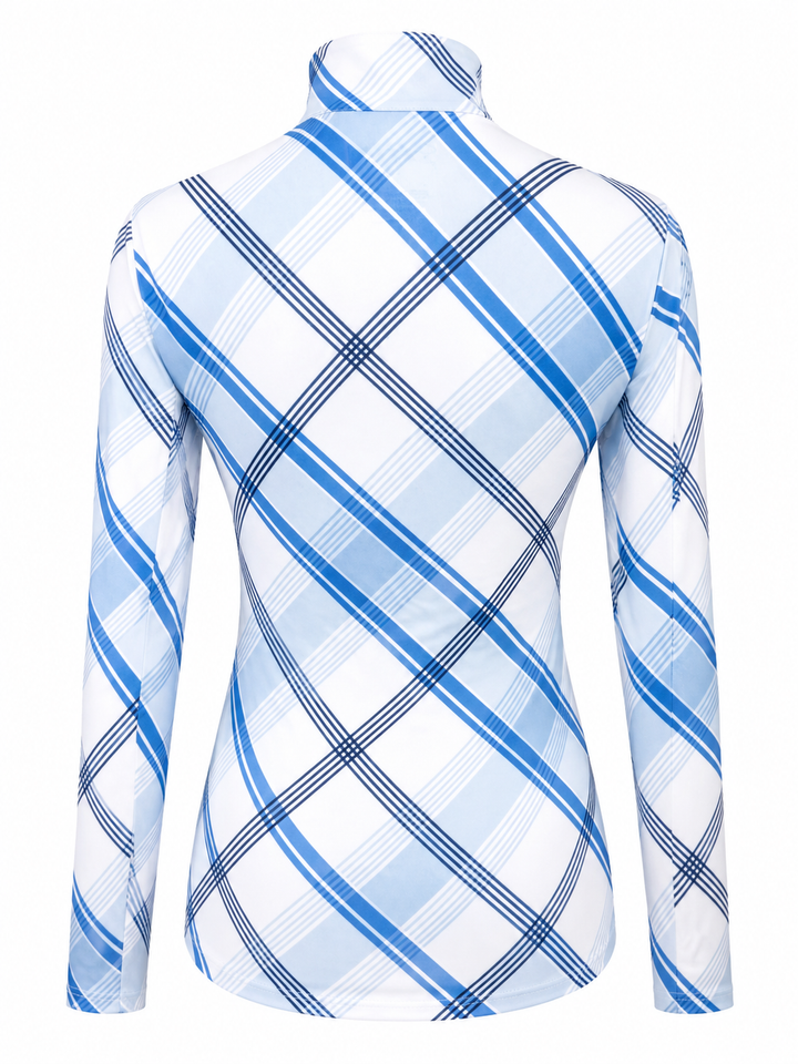 SanSoleil SolCool Print Mock Zip Top -  Plaid Blue - XS