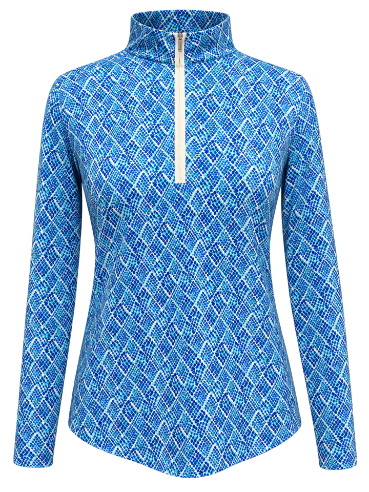 SanSoleil SolCool Print Mock Zip Top -  Blue/Aqua