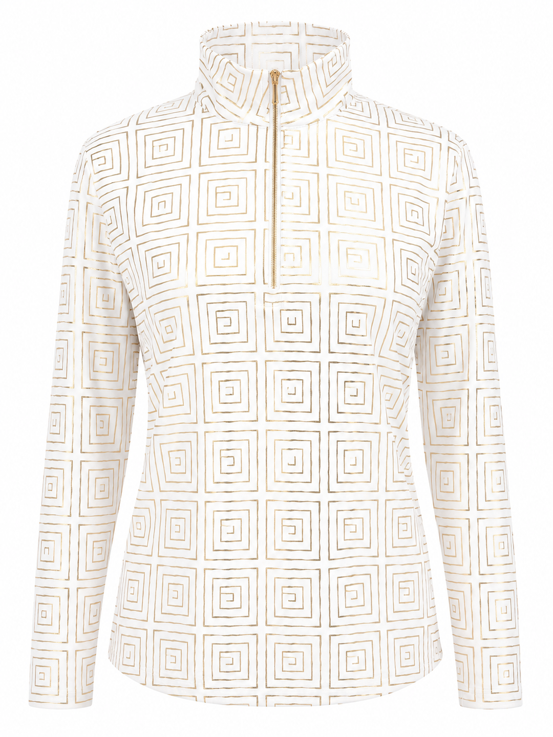 SanSoleil Womens Long Sleeve Foil Print Mock - Metallic Gold Maze