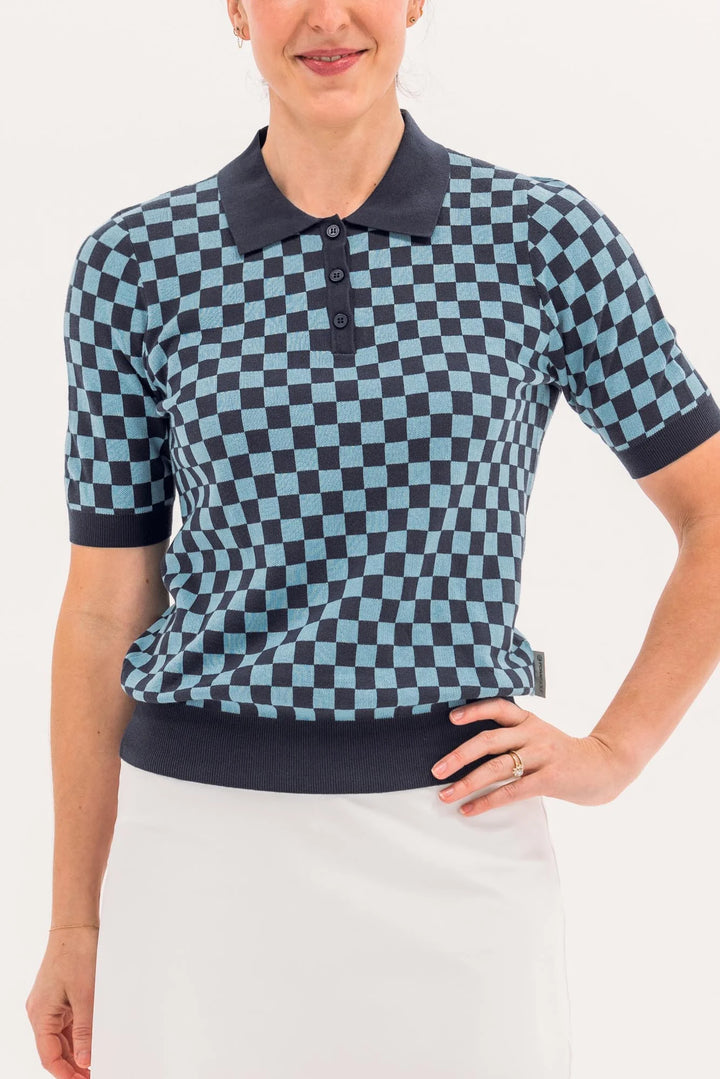 Foray Golf Checkered Short Sleeve Knit Polo - Navy/Blue - Skorzie