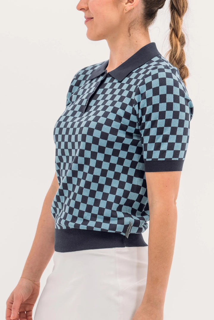 Foray Golf Checkered Short Sleeve Knit Polo - Navy/Blue - Skorzie
