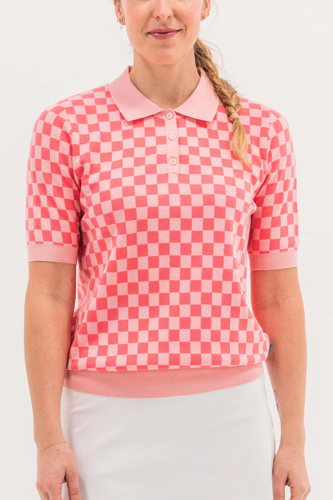 Foray Golf Checkered Short Sleeve Knit Polo - Pink/Coral - Skorzie