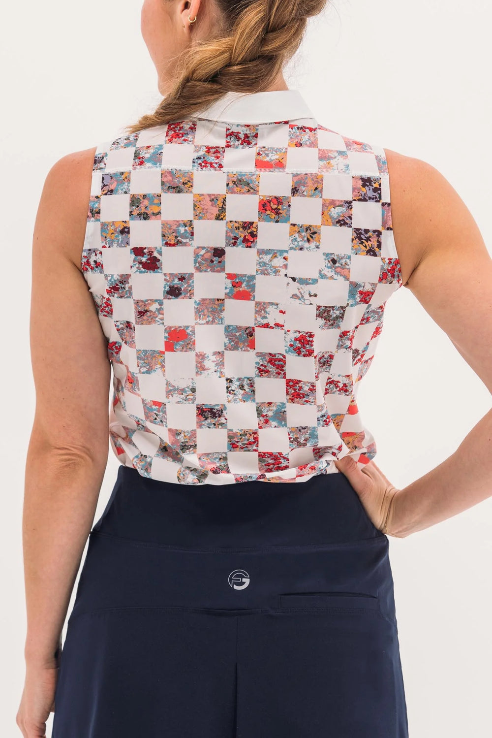 Foray Golf Core 3.0 Printed Back Sleeveless Polo - White Check Floral - Skorzie