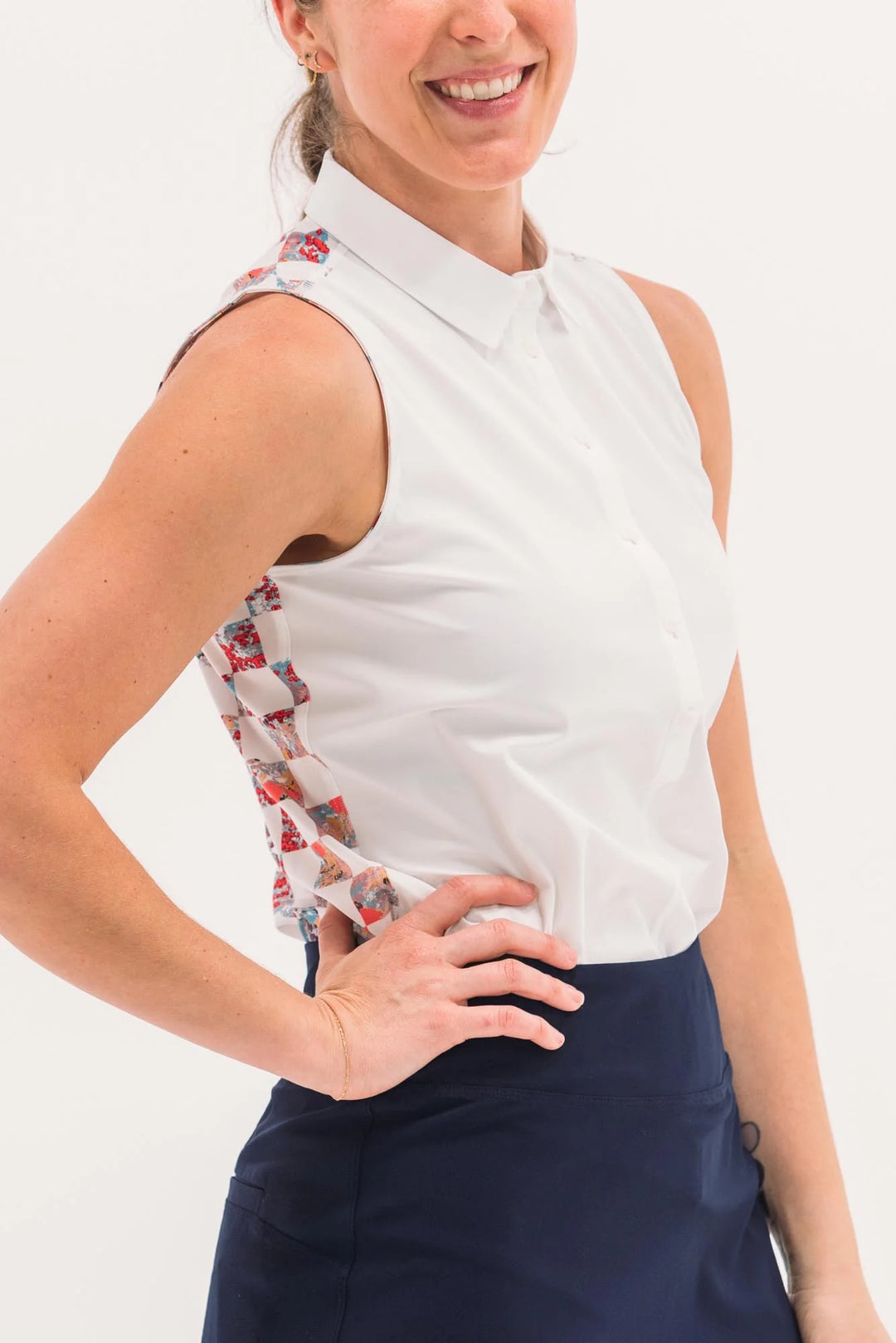 Foray Golf Core 3.0 Printed Back Sleeveless Polo - White Check Floral - Skorzie