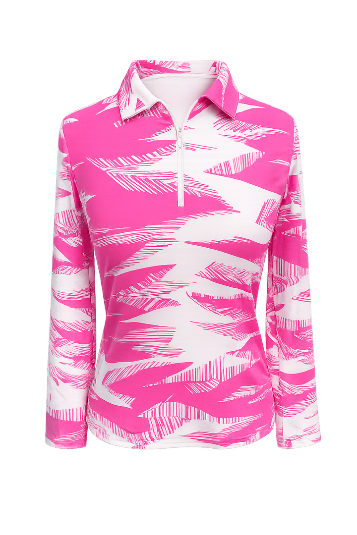 IBKUL Pink Palm Long Sleeve  Zip Polo - Small - Skorzie
