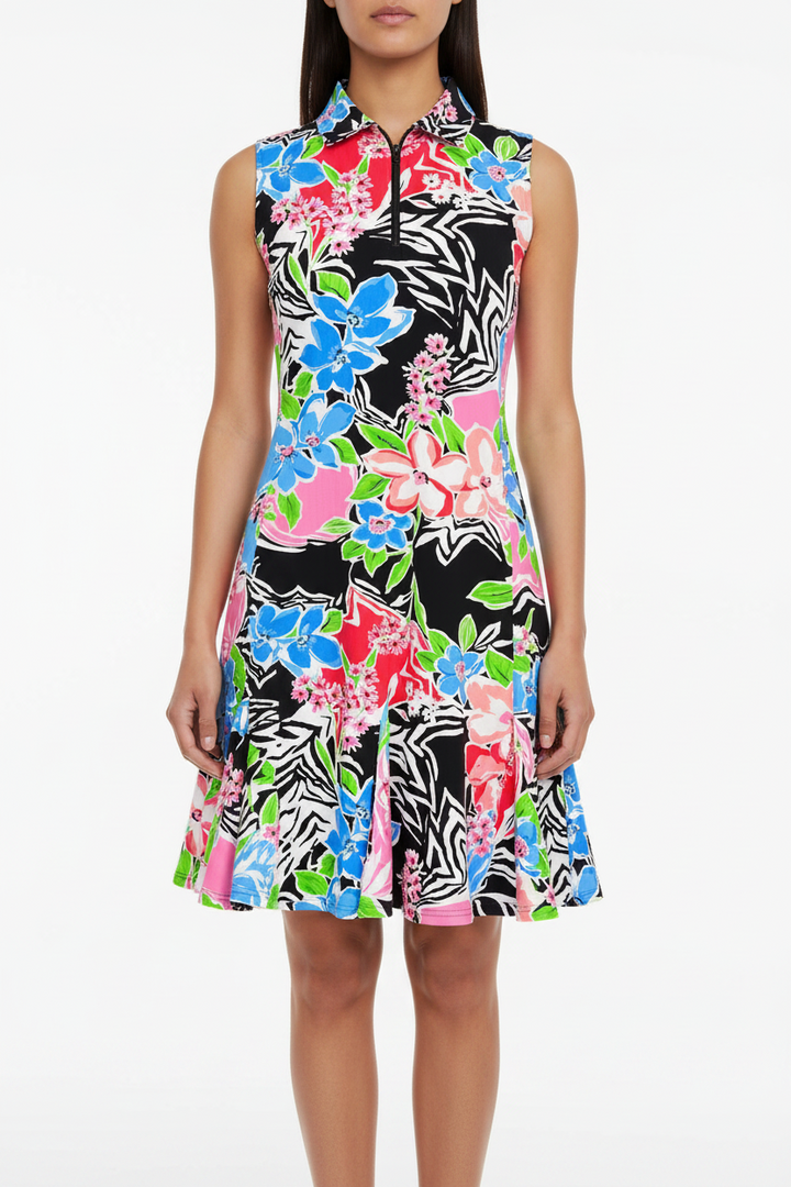 IBKUL Amelia Short Sleeve Polo Dress - Black Multi