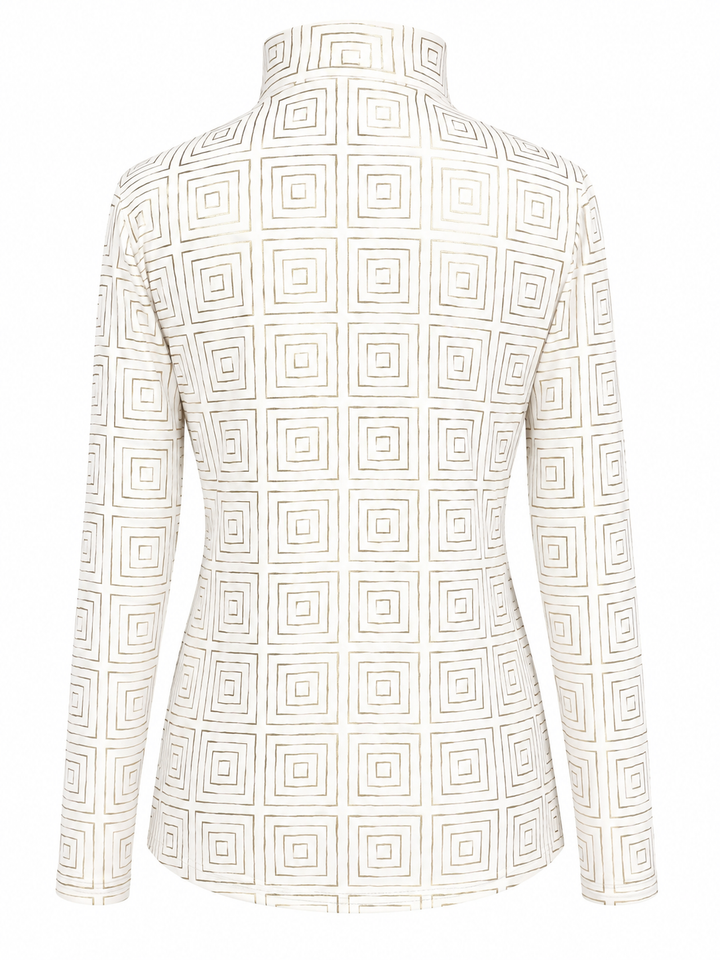SanSoleil Womens Long Sleeve Foil Print Mock - Metallic Gold Maze