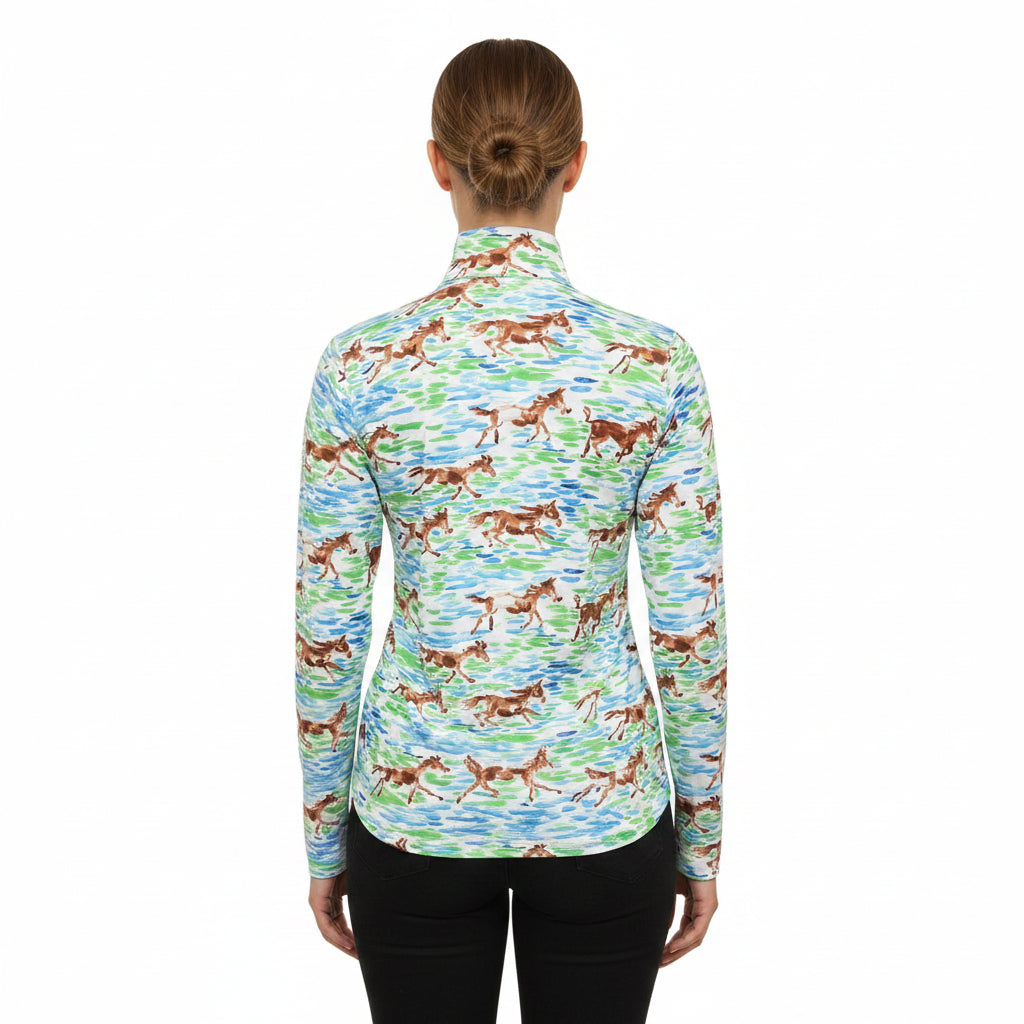 IBKUL Long Sleeve Mock Neck Top - Blue/Green Equestrian - Small - Skorzie