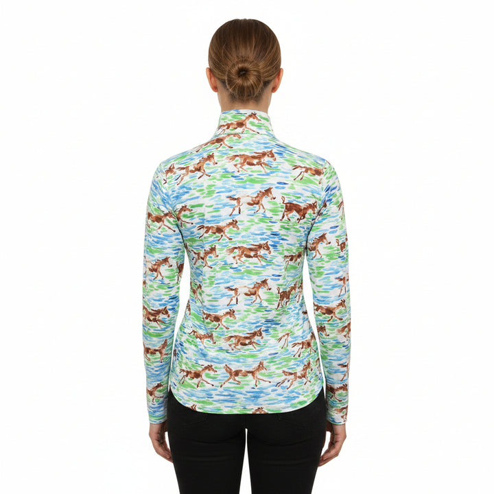 IBKUL Long Sleeve Mock Neck Top - Blue/Green Equestrian - Small - Skorzie