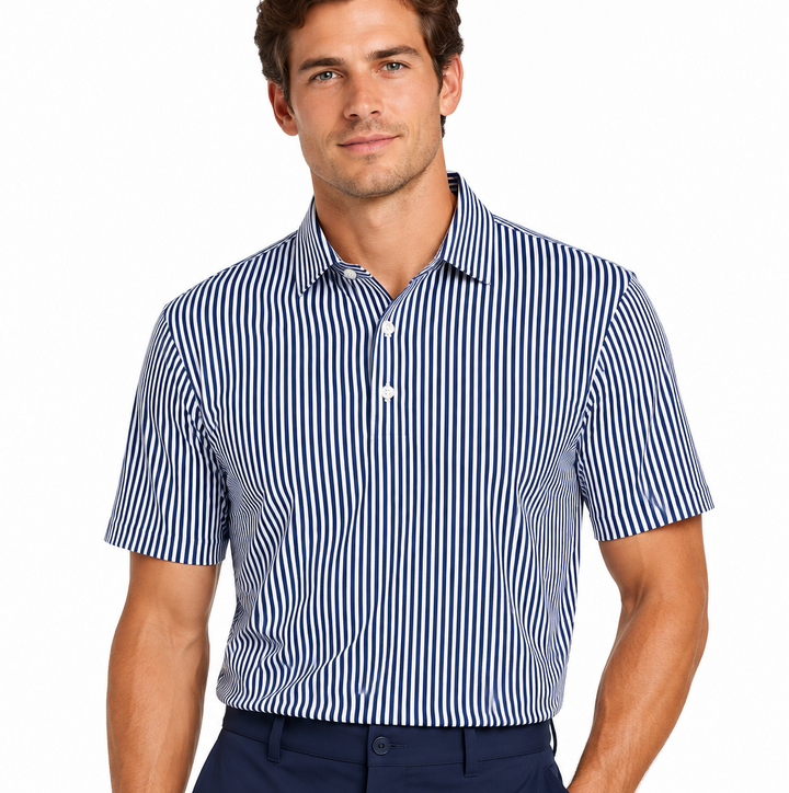 Collars & Co. Men's Polo Performance Fabric Semi-Spread Collar Blue Thin Pinstripe Size XL