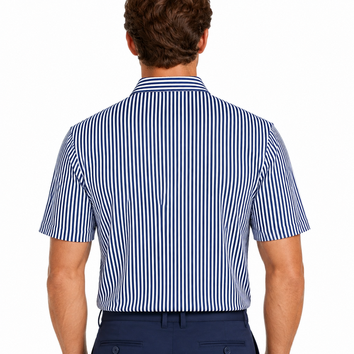 Collars & Co. Men's Polo Performance Fabric Semi-Spread Collar Blue Thin Pinstripe Size XL